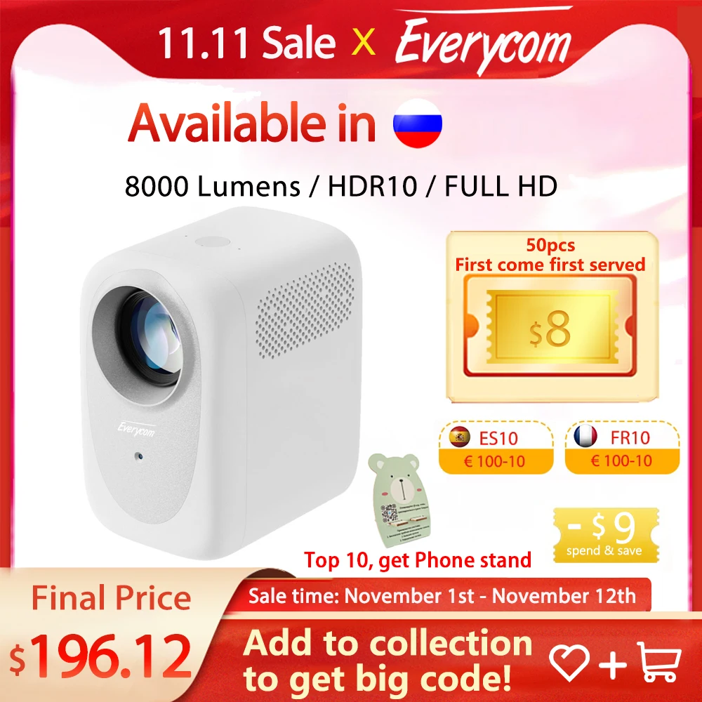 New! Everycom R11 Android Projector FHD 1080p Home Theater Cinema 8000 Lumens LED Video 4K Beamer 5G WiFi Bluetooth HDR10