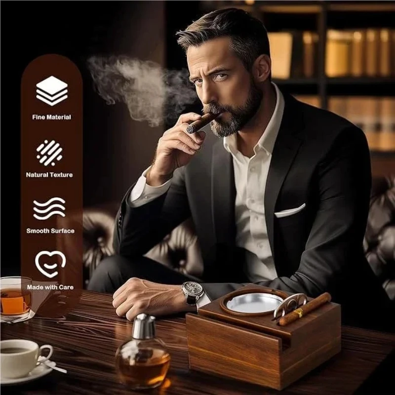 

Portable Solid Wood Car Ash Box with Ashtray Wooden Drawer Cigar Holder And Cigar Cutter for Smoke Breaks