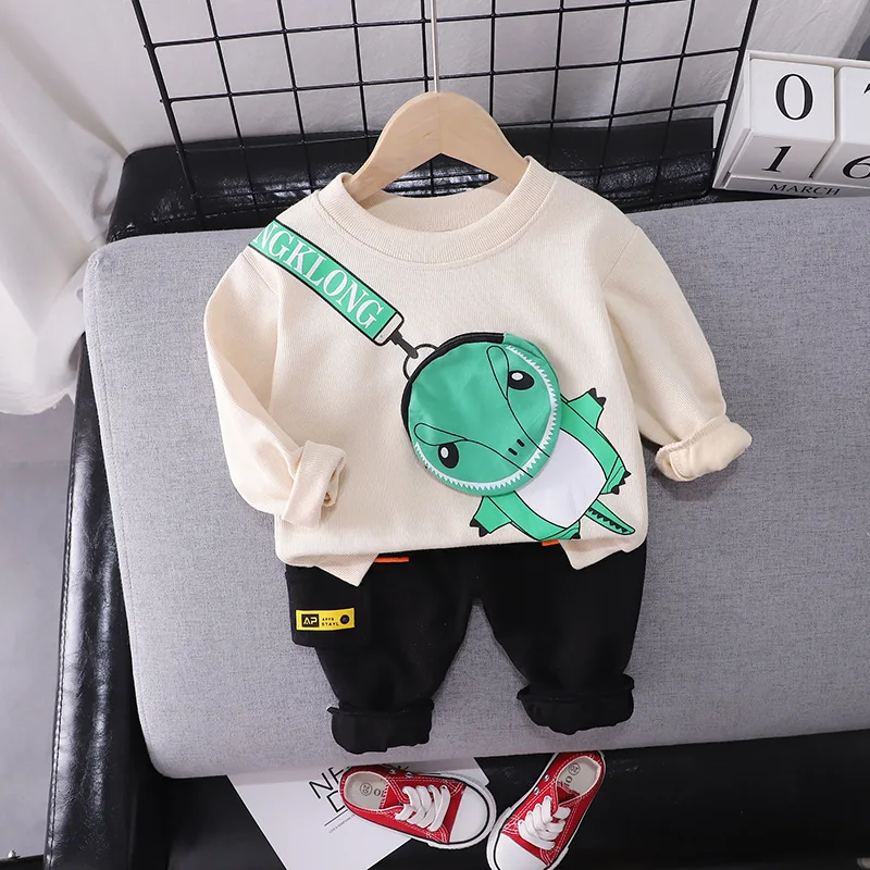 

New Autumn Spring Baby Boys Fashion Clothes Sets Kids Infant Cartoon Dinosaur Satchel Sweatershirt+Tooling Pants 2Pcs/sets