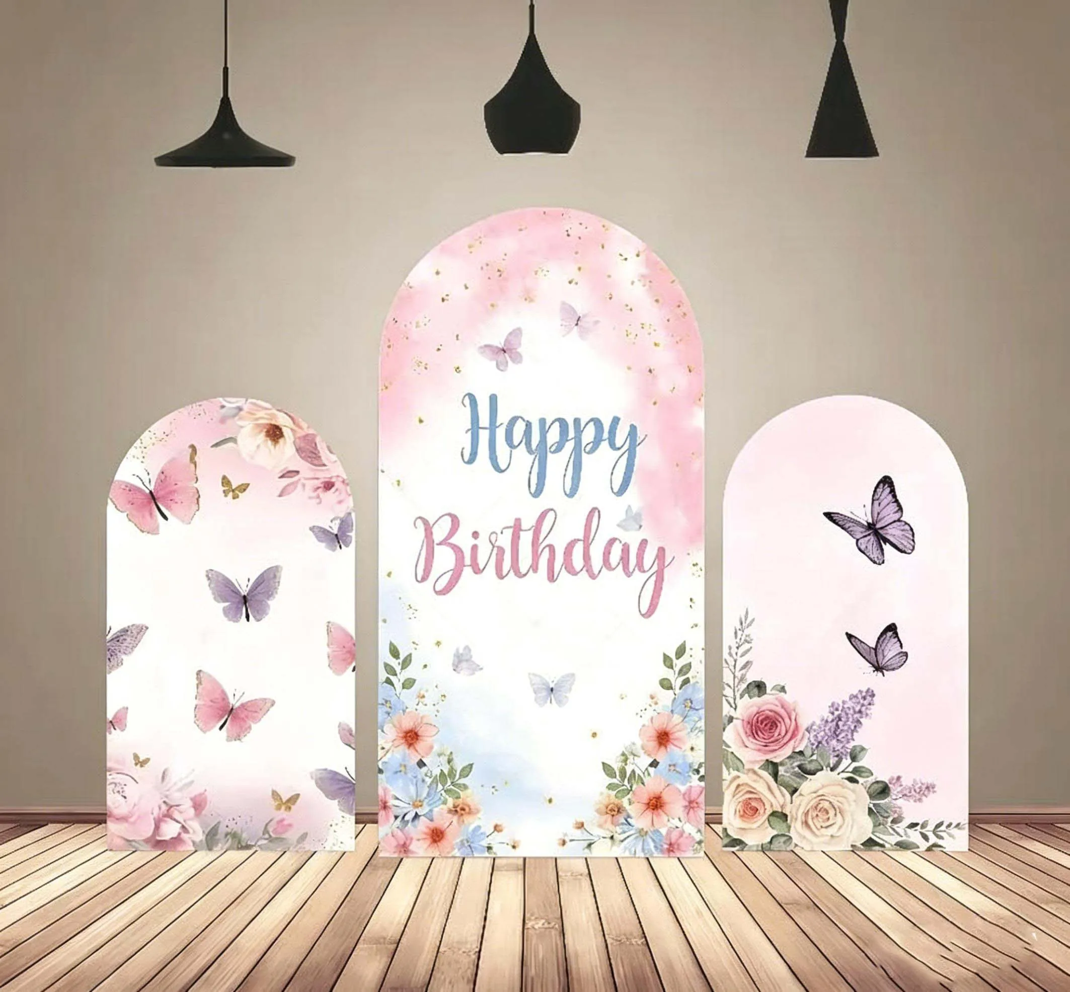 Custom 2-Side Butterfly Floral Baby Shower Party Arch Backdrop Covers Pink Diy Name Age Birthday Party Decor Background Photo