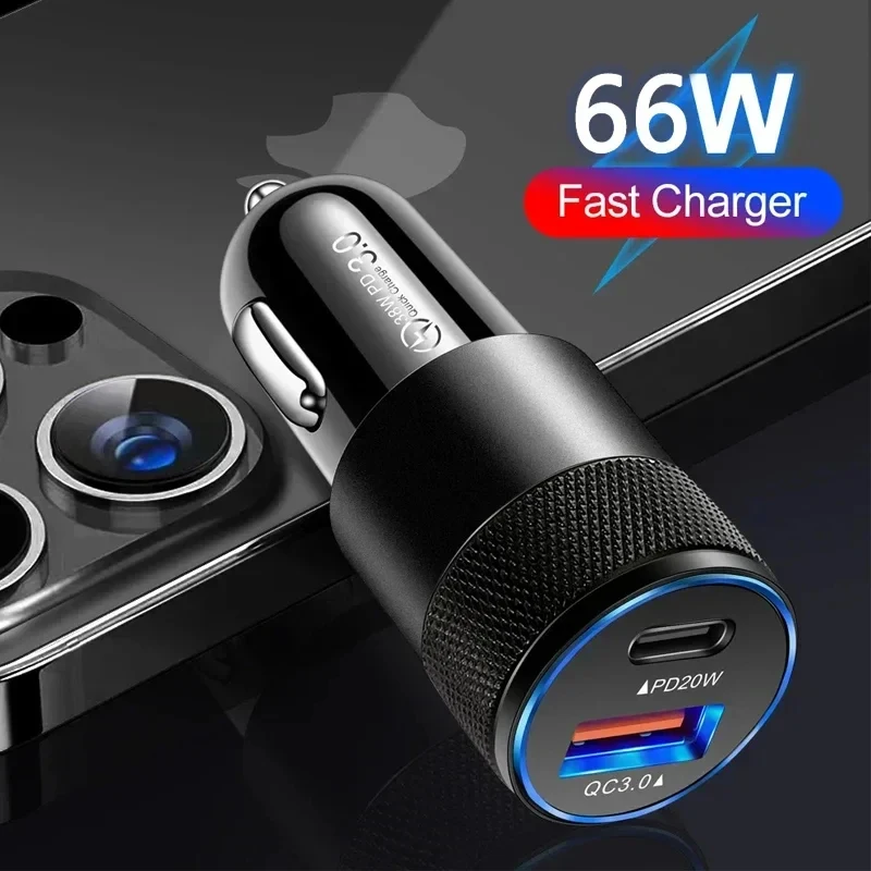 2 Port Car Usb Charger Mini 66W USB+PD Aluminum Alloy Type C Fast Charging in Car USB-C Adapter For IPhone Samsung Huawei Xiaomi