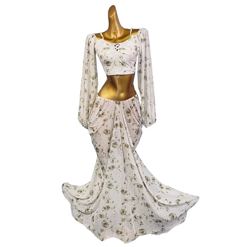 

Belly Dance Performance Practice Costume Women's Snow Lotus Print Blossoming Standard Oriental Dance Costume