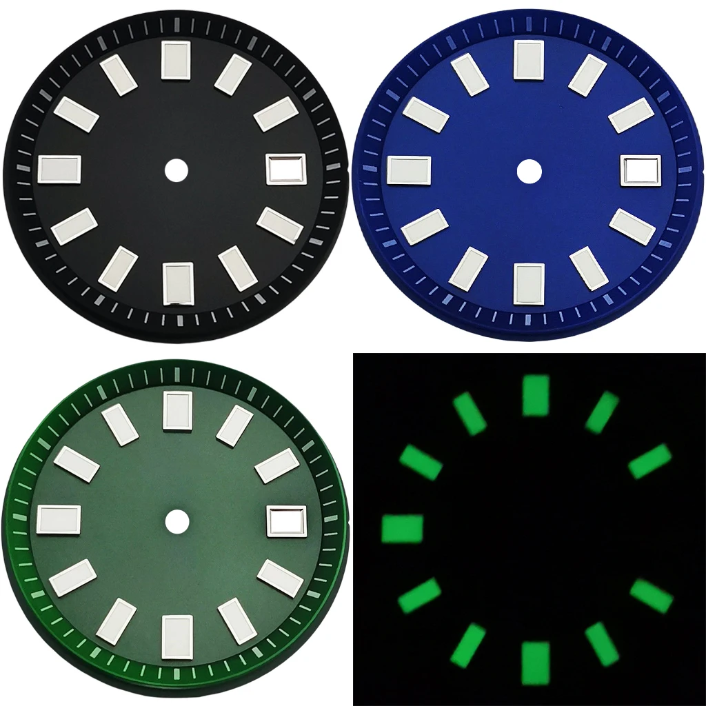 New 33.4mm Sterile Black/Blue/Green Watch Dial Green Luminous Fit NH35 NH36 Automatic Movement Customized logo are available