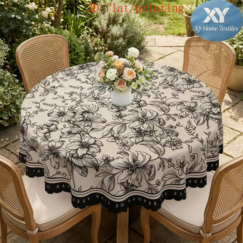 American vintage line-drawn floral print round tablecloth, suitable for indoor and outdoor holiday party decoration