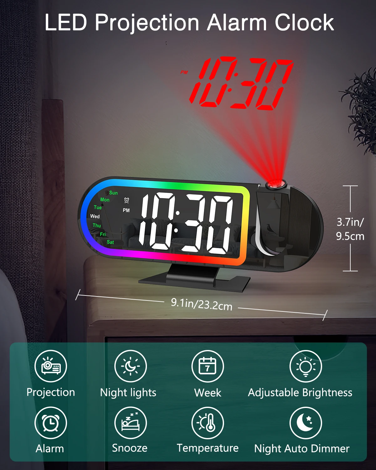 Reloj despertador digital con proyección LED y pantalla grande 8.5"