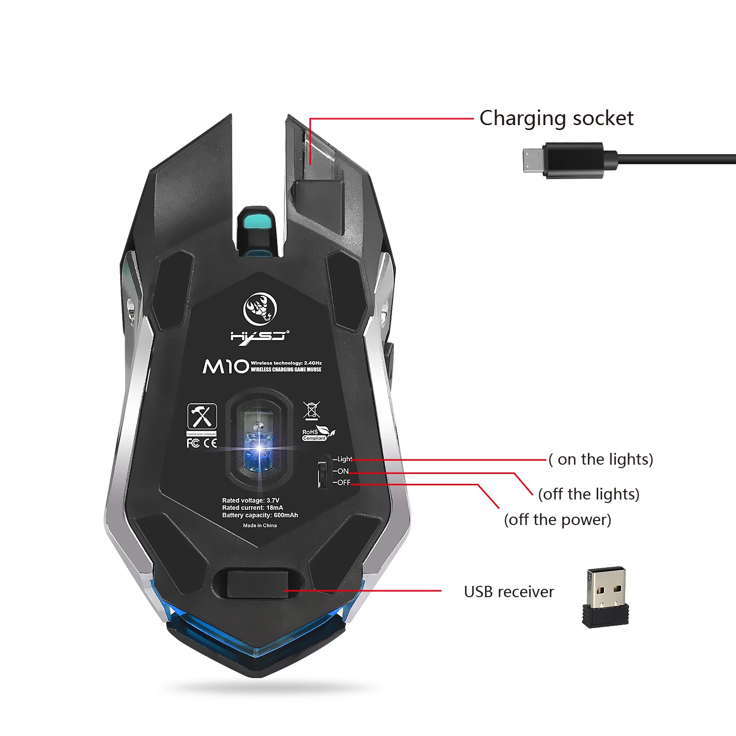 HXSJ M10 Wireless Gaming Mouse 2400dpi Rechargeable  7 color Backlight Breathing Comfort Gamer Mice for Computer Desktop Laptop