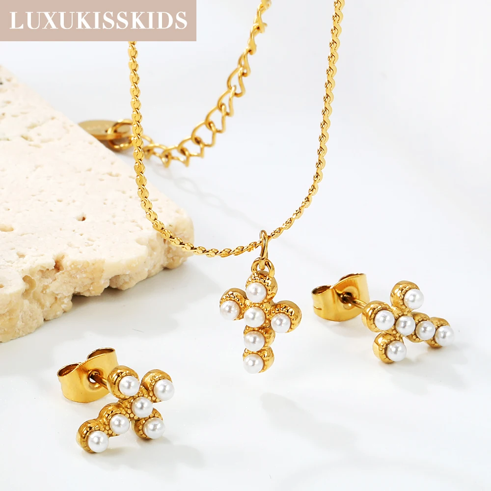 

LUXUKISSKIDS Trendy Cross Pendant Necklace Earrings Sets with Imitation White Pearl Chic Woman/Girls Prayer Gold Plated Jewellry