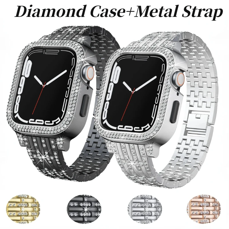 Diamant gehäuse Metall armband für Apple Uhren armband 45mm 41mm 44mm 40mm Damen armband Armband iwatch 9 8 7 6 5 4 se correa shell