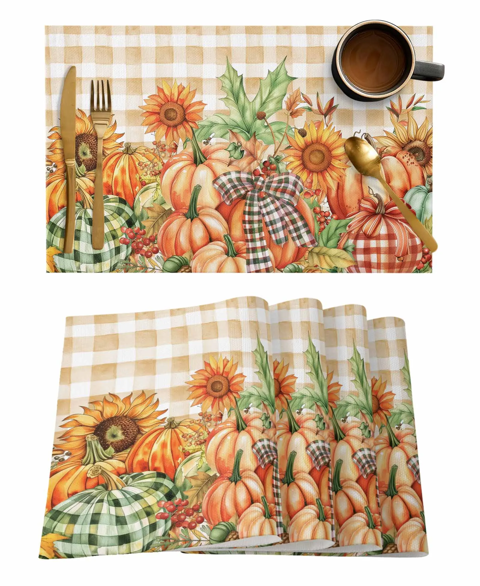 Thanksgiving Pumpkin Sunflower Bow Plaid Table Runners for Dining Room Home Decoration Tablecloth 4/6 Pcs Placemats Table Cover