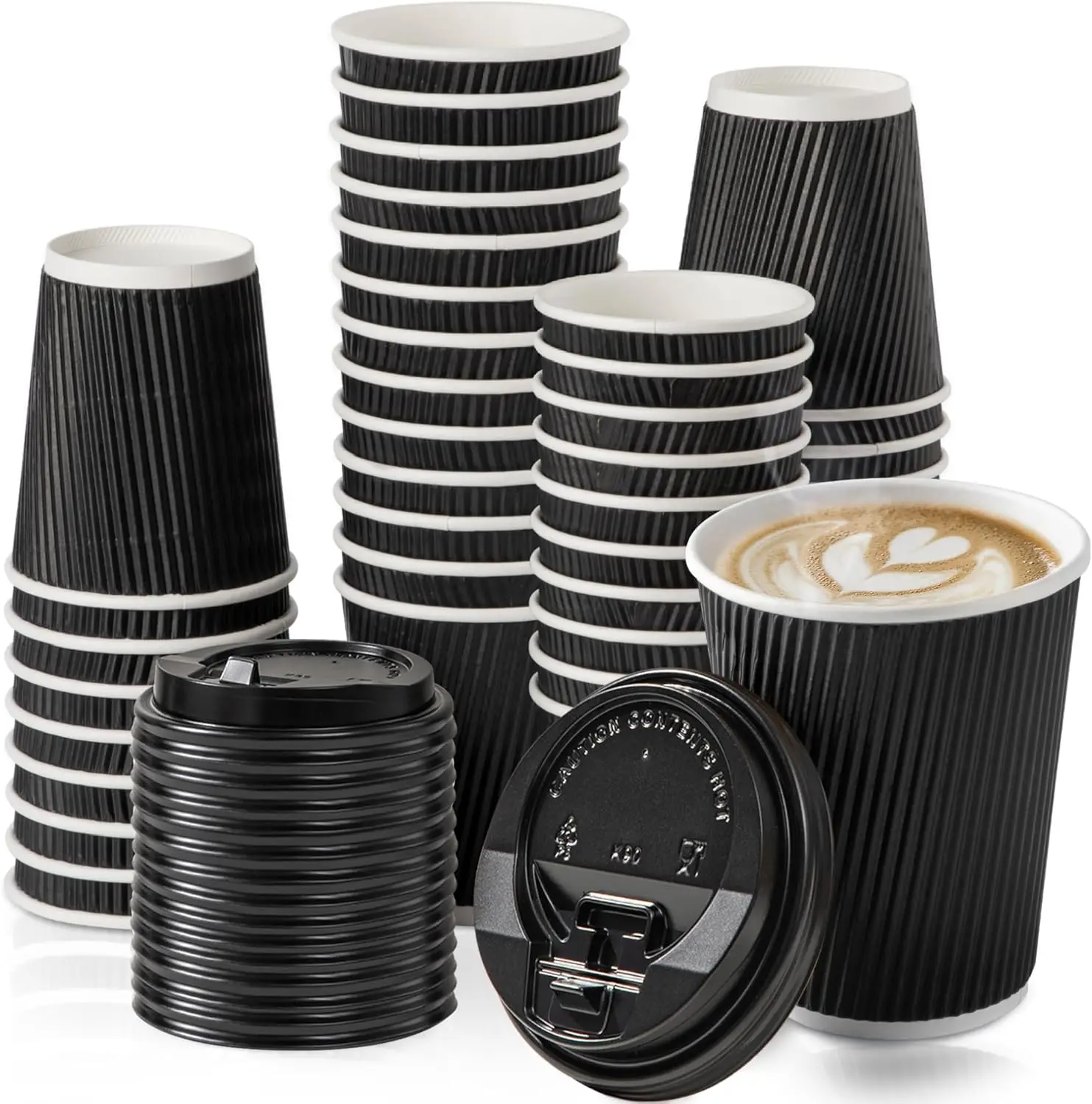 Tasses à café jetables noires de 12OZ avec couvercles, Triple paroi ondulée pour emporter, gobelets en papier isolés pour boissons chaudes, pour le bureau et la maison