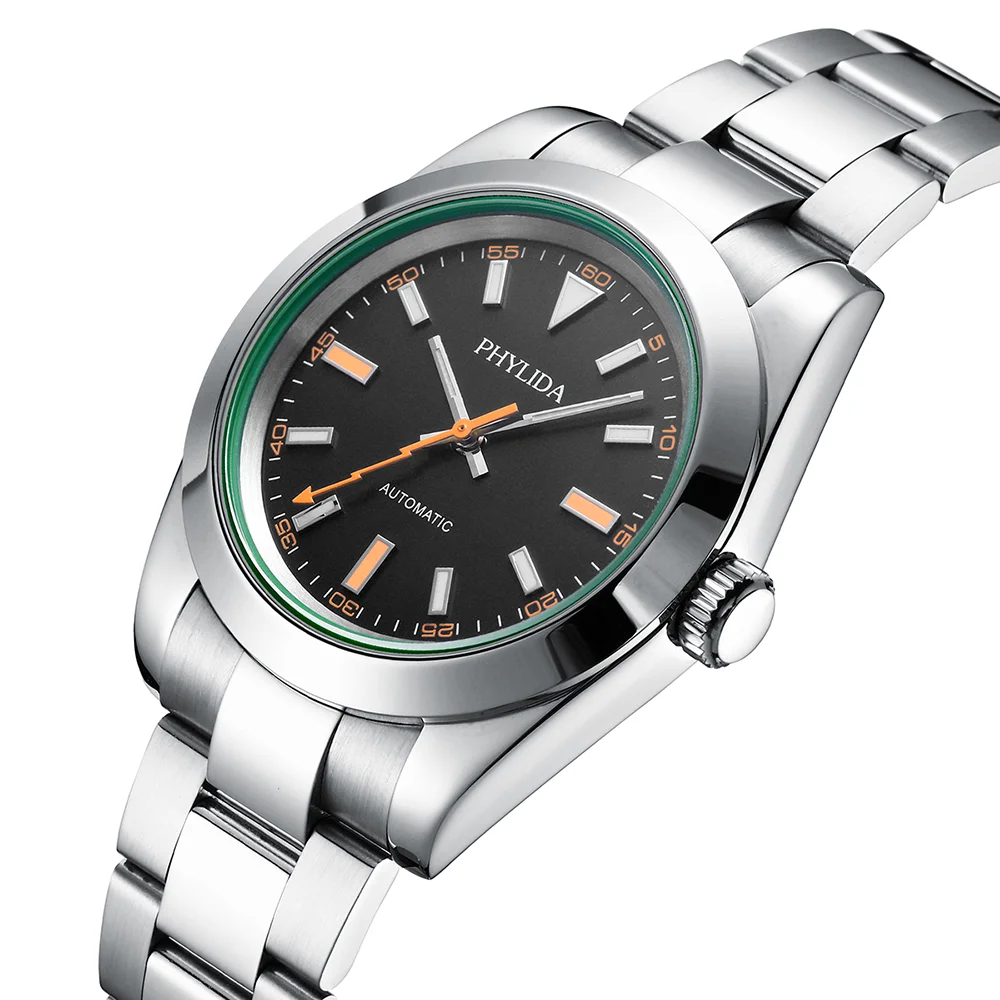 PHYLIDA 39 mm Reloj mecánico automático de lujo para todos los días Esfera negra Manecillas naranjas Clásico 10Bar 100M WR