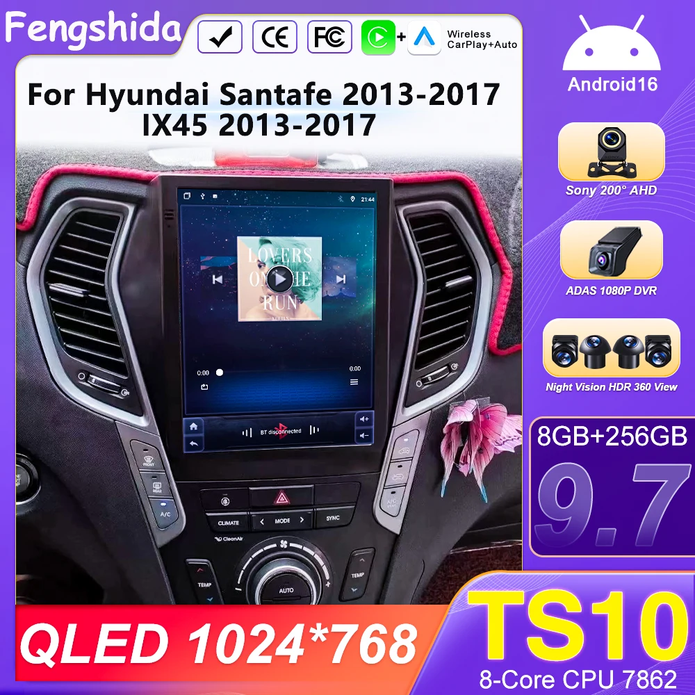 Android16 9.7\'\' Car Radio For Hyundai Santafe 2013-2017 IX45 2013-2017 Android auto Multimedia Player Carplay Auto 5G Navigation