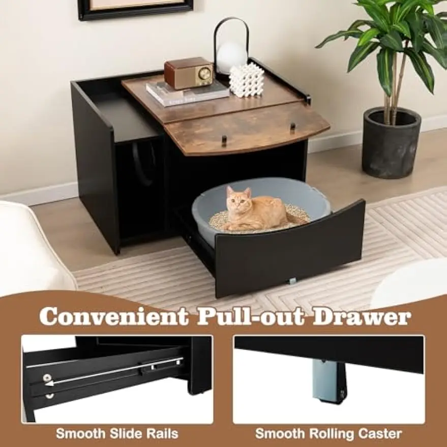 PETSITE Cat Litter Box Enclosure w/Pull-Out Drawer, Hidden Cat Washroom Furniture w/Flip Door, Rolling Caster, Indoor Cat House