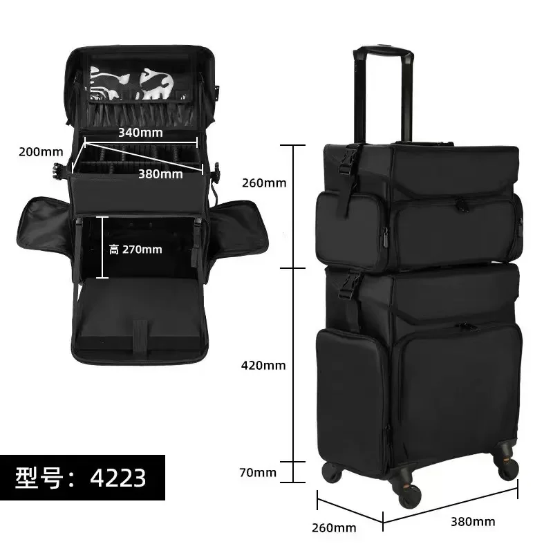 Universal Wheels Multi-Layer Beauty Hair Jewelry Storage Caset Tool Large Nylon Canvas Rolling Makeup Trolley