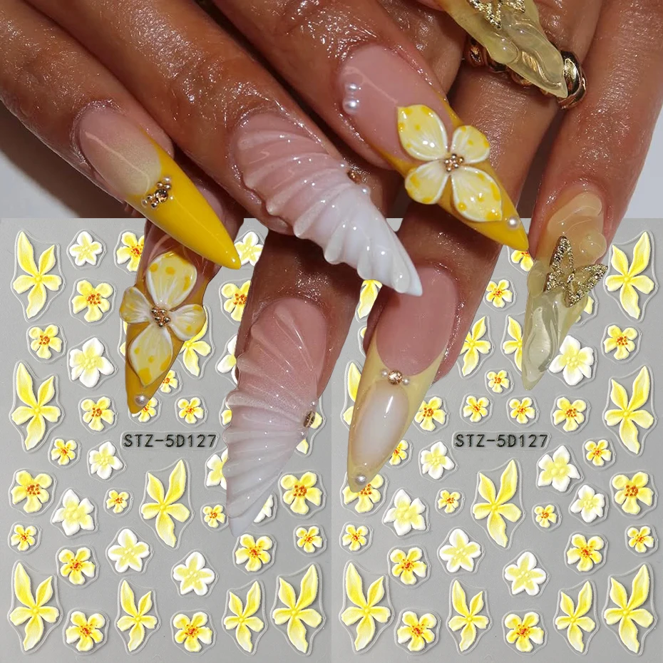 2 pezzi 3D Frangipani Fiore Decalcomania per unghie Fiori gialli Petali Fiore Nail Art Sticker 5D Adesivo Slider Foil Decorazioni per manicure