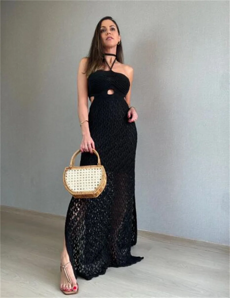 Sexy Halter Cut Out High Slit Long Knit Dress, Beach Bikini Cover up Sarong, Off Shoulder Crochet Swimwear Strój kąpielowy dla kobiet