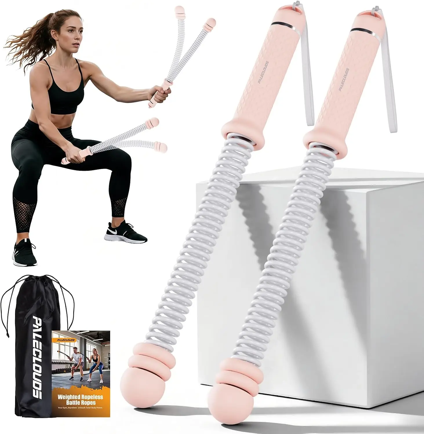 Cuerdas de Batalla Portátiles sin Cuerda, Cuerdas de Batalla Inalámbricas con Pesas Ajustables para Gimnasio en Casa con Bolsa de Almacenamiento, Equipo de Ejercicio con Peso para Entrenamiento de Bajo Impacto, Fuerza y HIIT, para Hombres y Mujeres (Rosa)