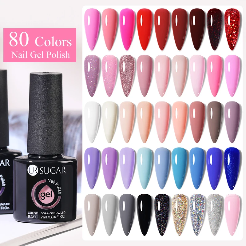 UR SUGAR 80 Colors Glass Bottle Nail Gel Polish 7ml Soak Off UV LED Gel Nail Art Manicure Base Top Coat Semi Permanent Vernis