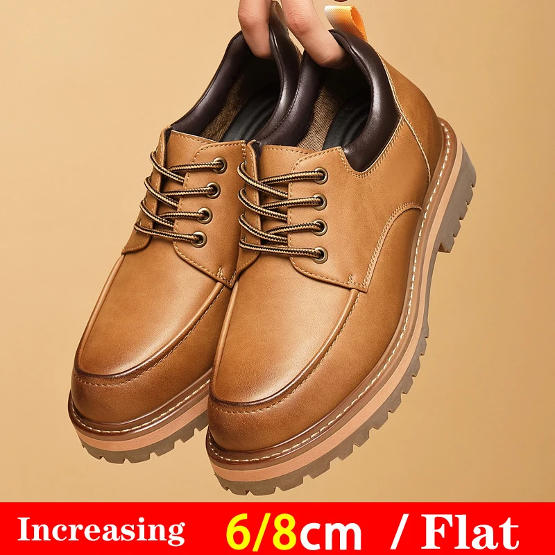 Sepatu lift kulit asli untuk pria, sepatu kerja kasual peninggi tinggi, sepatu mokasin pilihan datar 8CM 6CM untuk pria