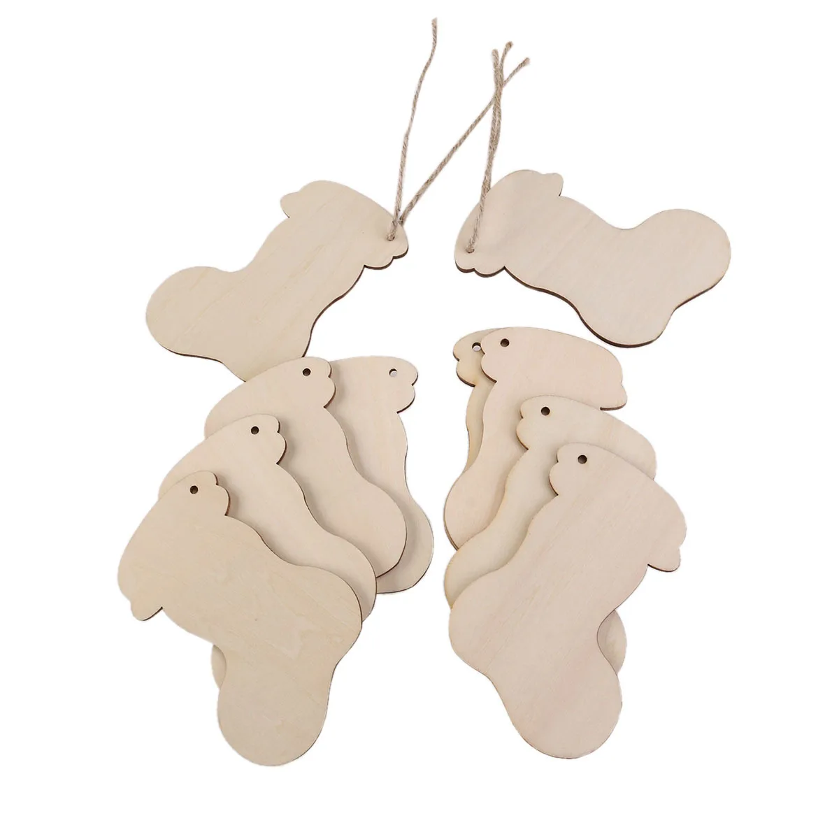 

10Pcs Christmas Stocking Pendant Rustic Wooden Embellishments Hanging Decorations with Hemp Ropes Christmas Craft Supplies