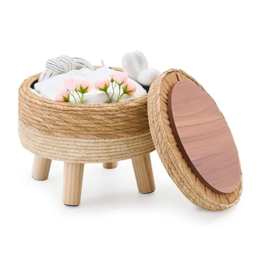 Storage Ottoman Poufs Handwoven Footstool Seagrass Round Footrest Stool with 4 Wood Legs Soft Padded Outdoor Seat for Hallway L