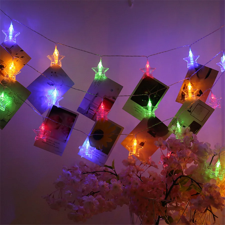 Battery powered 40LED Star Photo Clip Fairy String Light Creative Christmas Garland Lights for Birthday Party Home Bedroom Decor