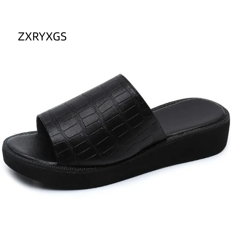 ZXRYXGS Popular 2023 Superior Cowhide Summer Leather Slipper Outdoor Wear Flat Thick Sole Wedges Sandals Women Casual Large Size