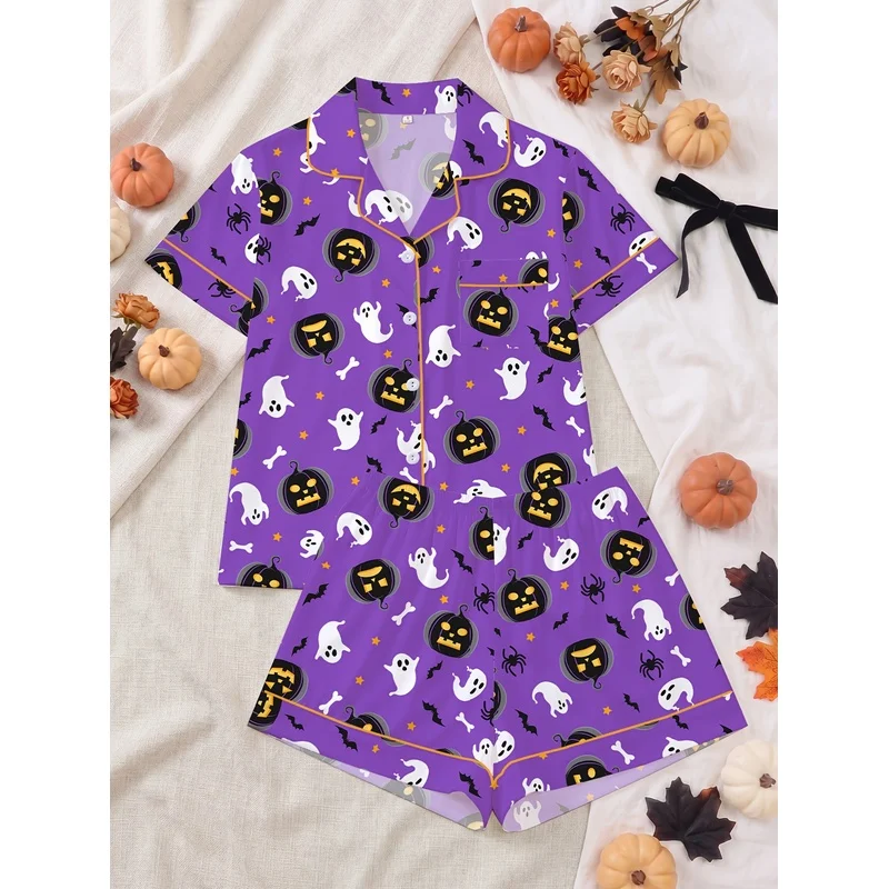 Women's Halloween Pumpkin Bat Print Pajama Set Short Sleeve Button Down Top Shorts Soft Sleepwear Loungewear Summer Home Wear