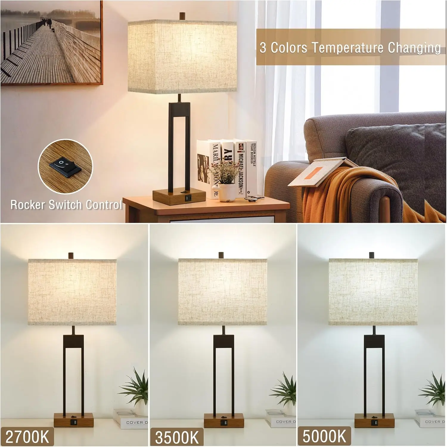 

25.5'' Set Of 2 Modern Bedroom Table Lamps With Usb C+A Ports, 3 Color Changeable, Brown Night Stand Lamps For Bedside, Guest
