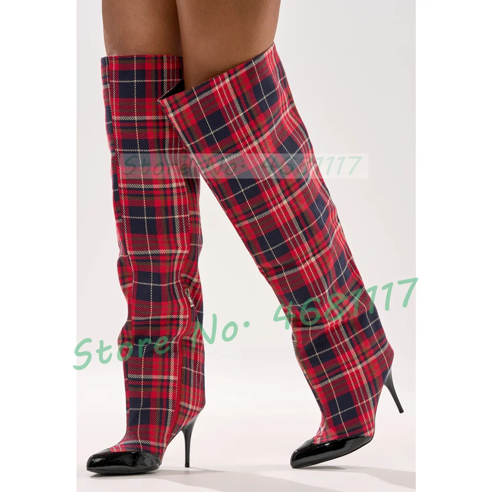 

Red Plaid Over Knee Boots Women Stylish Splicing Pointy Toe Wide Fit Canvas Boots Catwalk Party Thin High Heels Checkered Shoes
