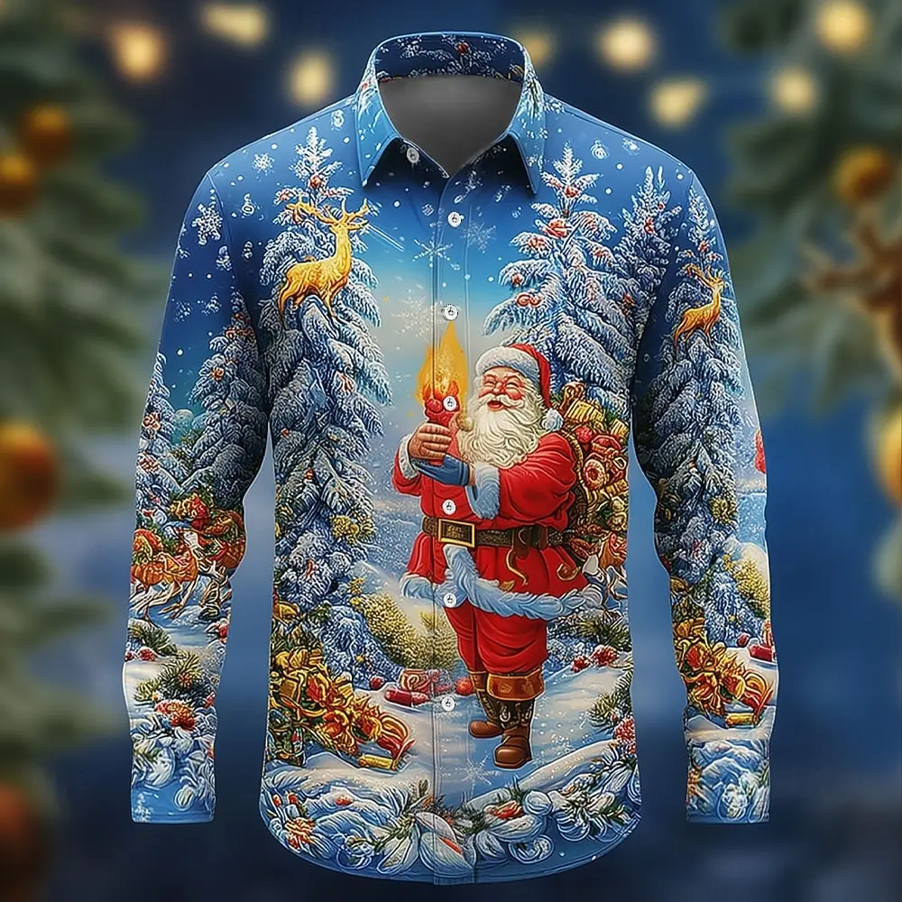 

New Christmas Style Long Sleeve Shirts For Men Retro Santa Claus Graphic Print Top Spring And Autumn Casual Shirt Men's Clothing