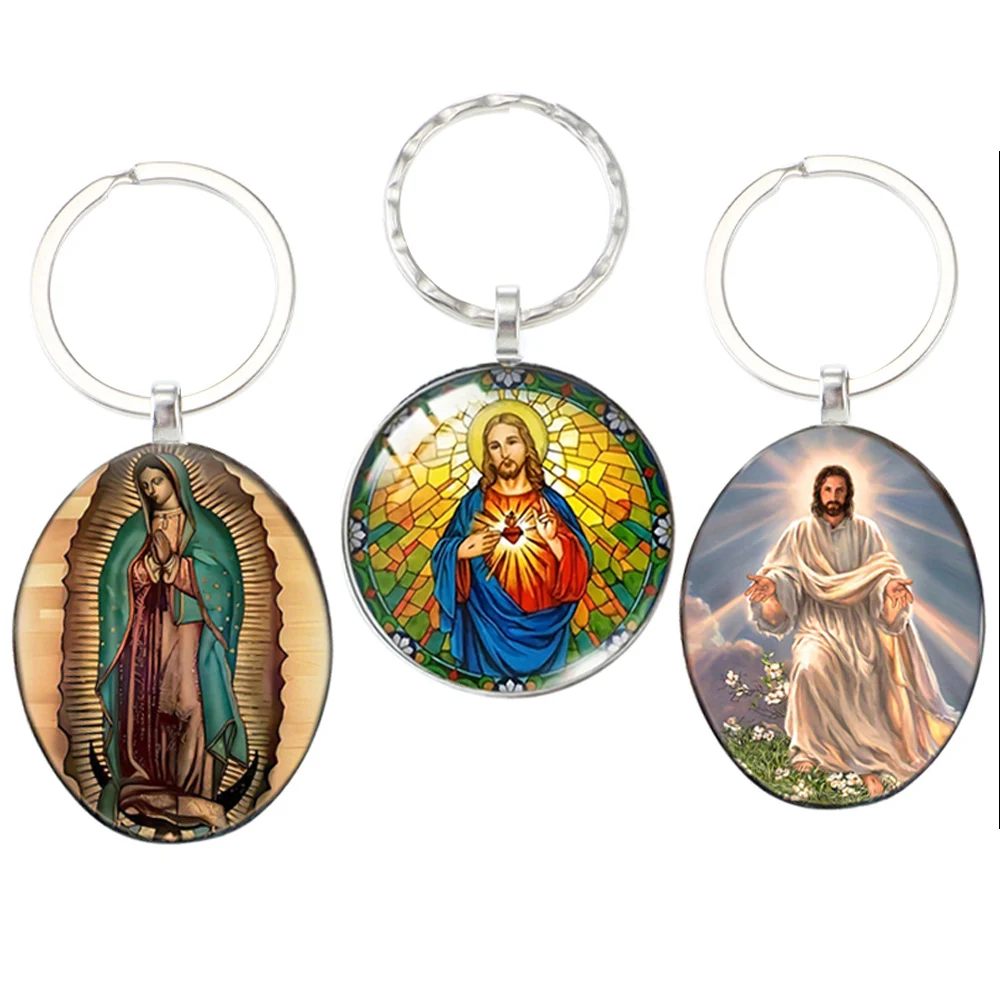 Llavero con imagen de Madonna de Guadalupe católico, llavero con imagen de corazón sagrado cristiano, llavero de cabujón de cristal redondo y ovalado religioso