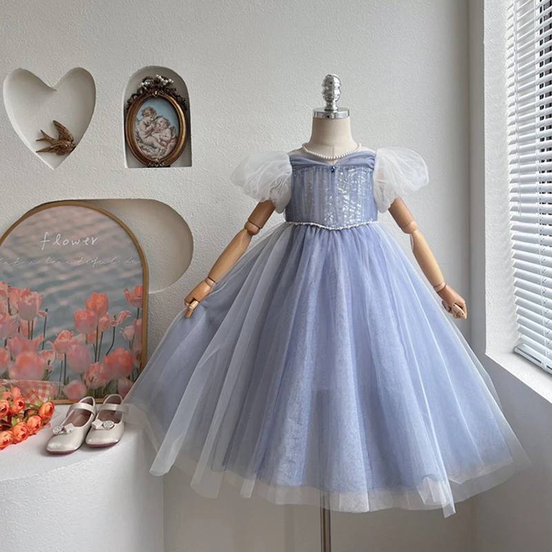 

Summer Children's Blue Princess Dresses Exquisite Beading Tulle Flower Girls Wedding Dress Birthday Party Prom Performance Gowns