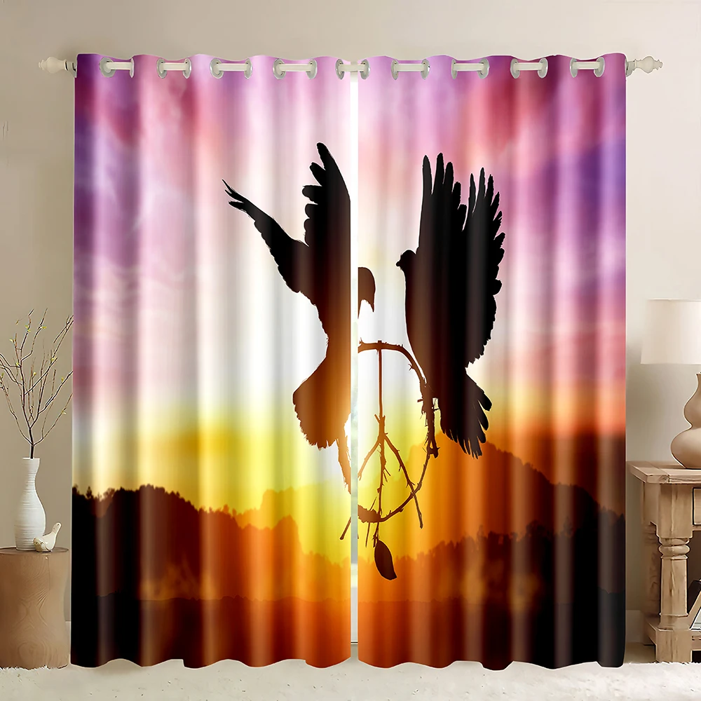 Peace Sign Window Curtains,Sunrise Peace Sign Dove Silhouette,Universal Peace Sign on Pop Art Style Background Blackout Curtains