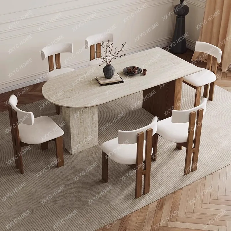 

Ретро-стол для обеденного зала из массива дерева с каменной столешницей из травертина, стол для небольшой квартиры