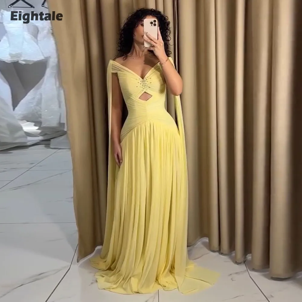 

Eightale Arabic Evening Dress V-Neck Pleats Chiffon off Shoulder Muslim A-Line Beaded Yellow Sexy Prom Wedding Party Gown