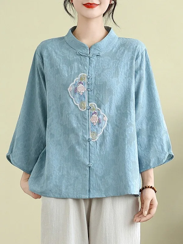 Elegancki haftowany zestaw z bawełny i lnu dla kobiet w średnim wieku, casualowy, spódnica o długości siedmiu stóp i spodnie z ośmioma elementami.