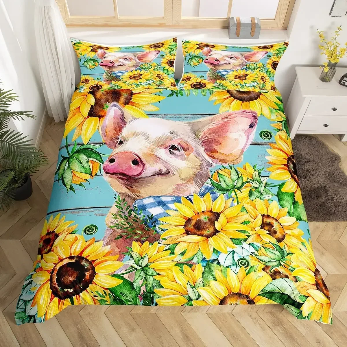

Luxury New 3D Print Pink Pig Duvet Cover King Queen Size Cartoon Farm Animal Bedding Set for Kids Yellow Sunflowers Cover