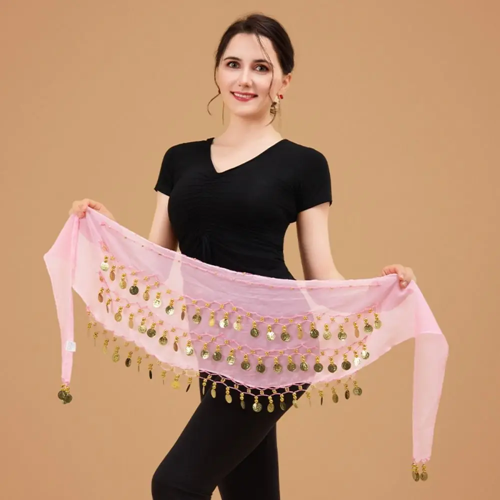 Goudkleurige munten Buikdans Heupsjaal Verstelbaar Chiffon Materiaal Heupsjaal Wrap Drie lagen Gemakkelijk te dragen Dansen Tailleriem