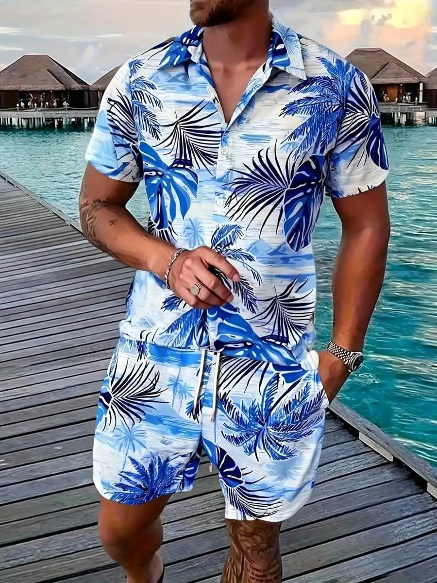 

Mens Hawaiian Shirt And Beach Shorts Set Blue White Palm Leaf Print Summer Vacation Casual Co-Ord