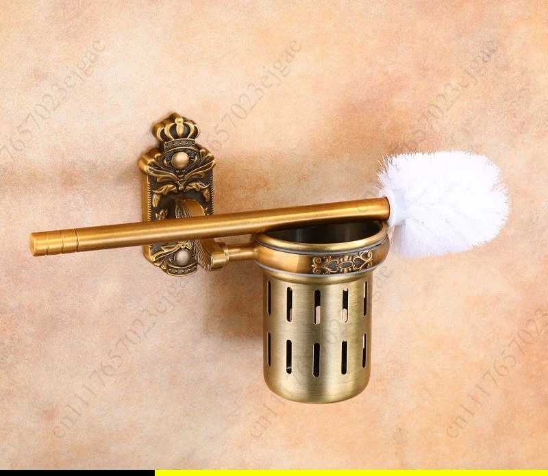 Aluminum Antique Toilet Brush Holder with Brush Aluminum Carved Bathroom Toilet Scrub Cleaning Brush Holder Set Toilet Cleaning