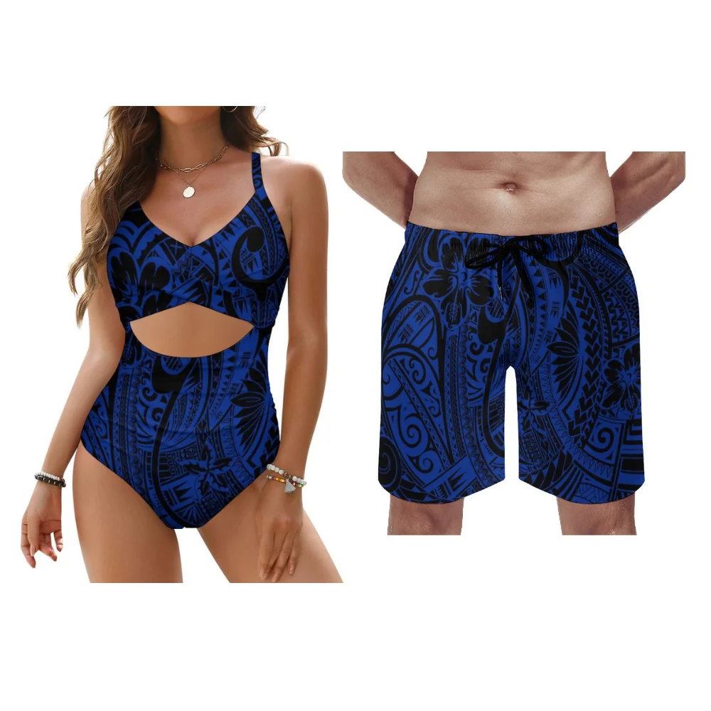 Polynesian Custom Beach Couple Lace Bikini Set Men Trunks Women Push Up Swimwear Hot Summer Vacation