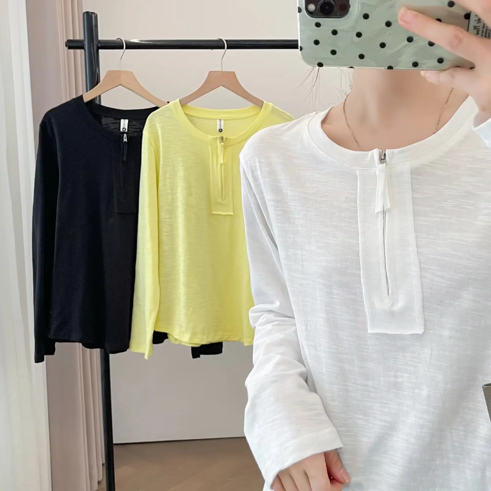 

Plus Size Women's T-Shirt Casual Long Sleeve Zipper half-open Collar Solid Color Basic Tops 2555