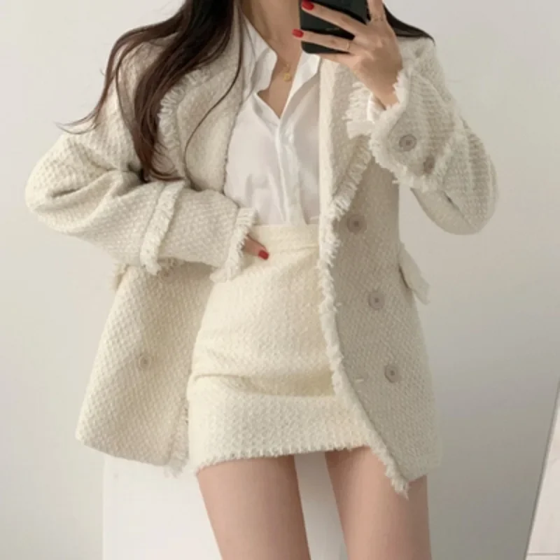 

Autumn/Winter Vintage Women Two Pieces Elegant Double Breasted Tweed Coat+High Waist Short Skirt Suits 2 Piece Skirt Set Ladies