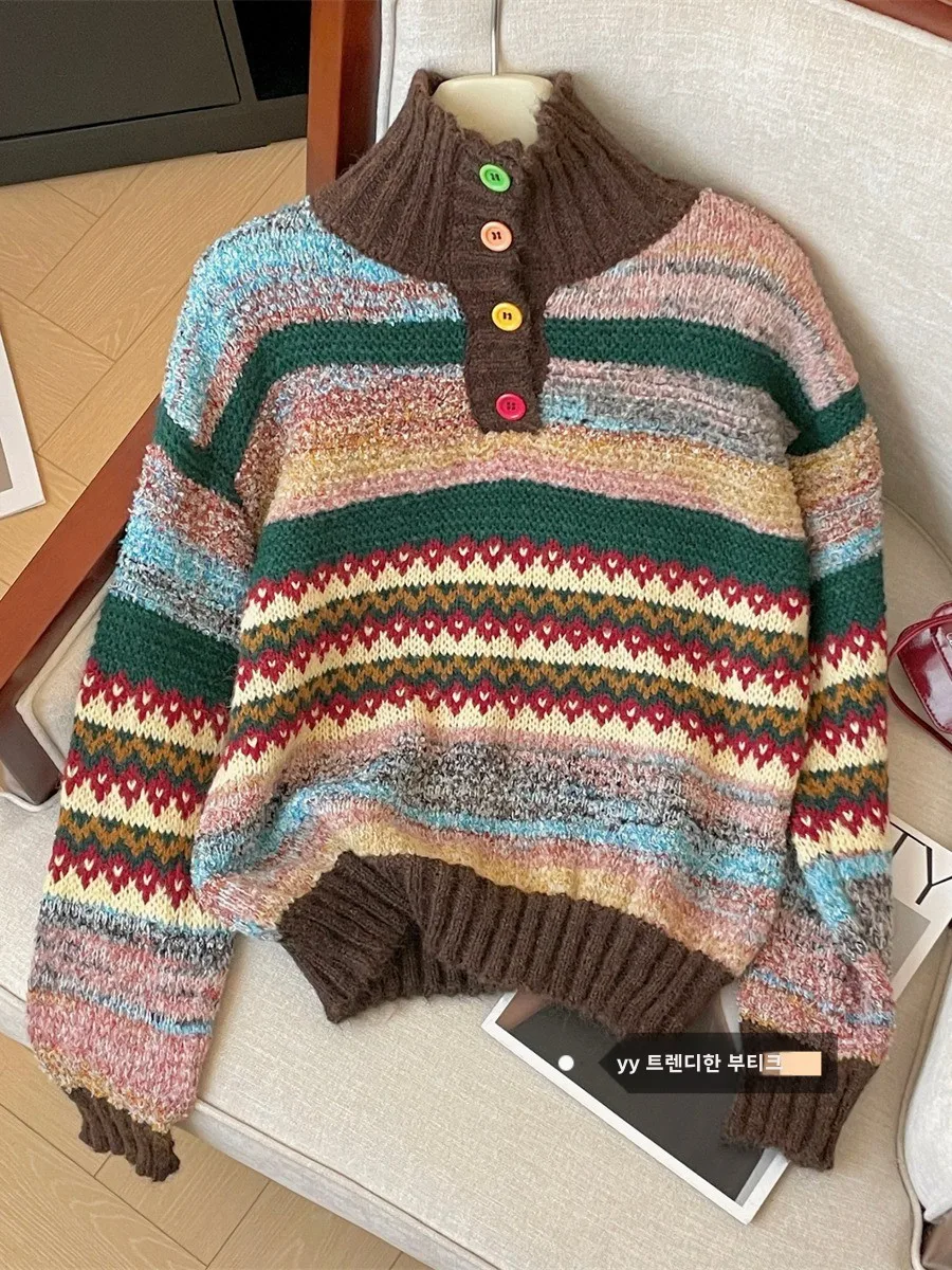 

Поздний осенне-зимний свитер Maillard Wear в цветную полоску с лацканами, кардиган, женский осенне-зимний вязаный кардиган на осень и зиму...