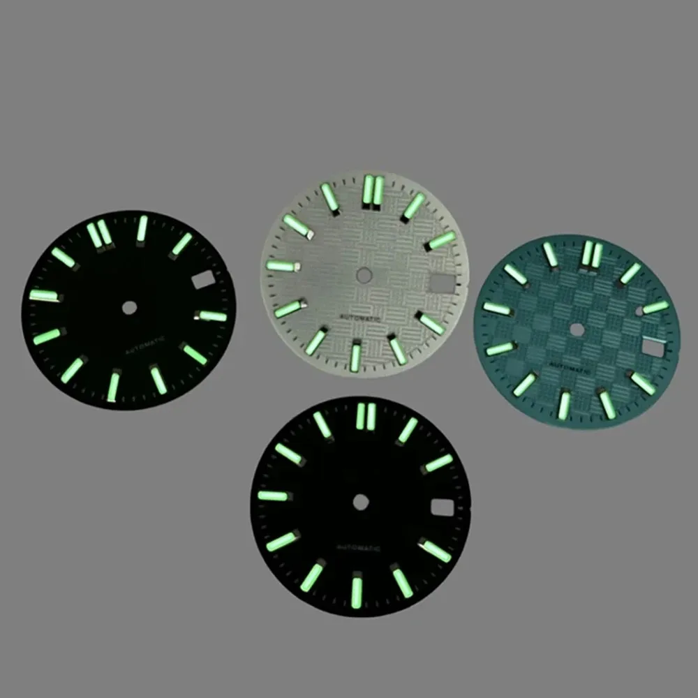 قرص NH35 28.5 ملم، قرص ساعة أخضر مضيء، بديل لحركة NH35A 4R35، ملحقات وجوه ساعة تقويمية واحدة