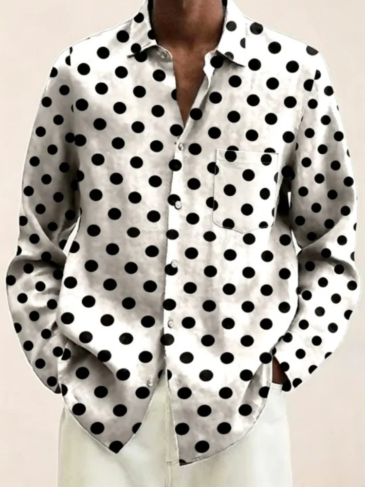 Men's Basic Dots Print Long Sleeve Hawaiian Shirt Holiday 3D Printing Lapel Collar Single Breast Male Blouse Autumn 2025 Shirts