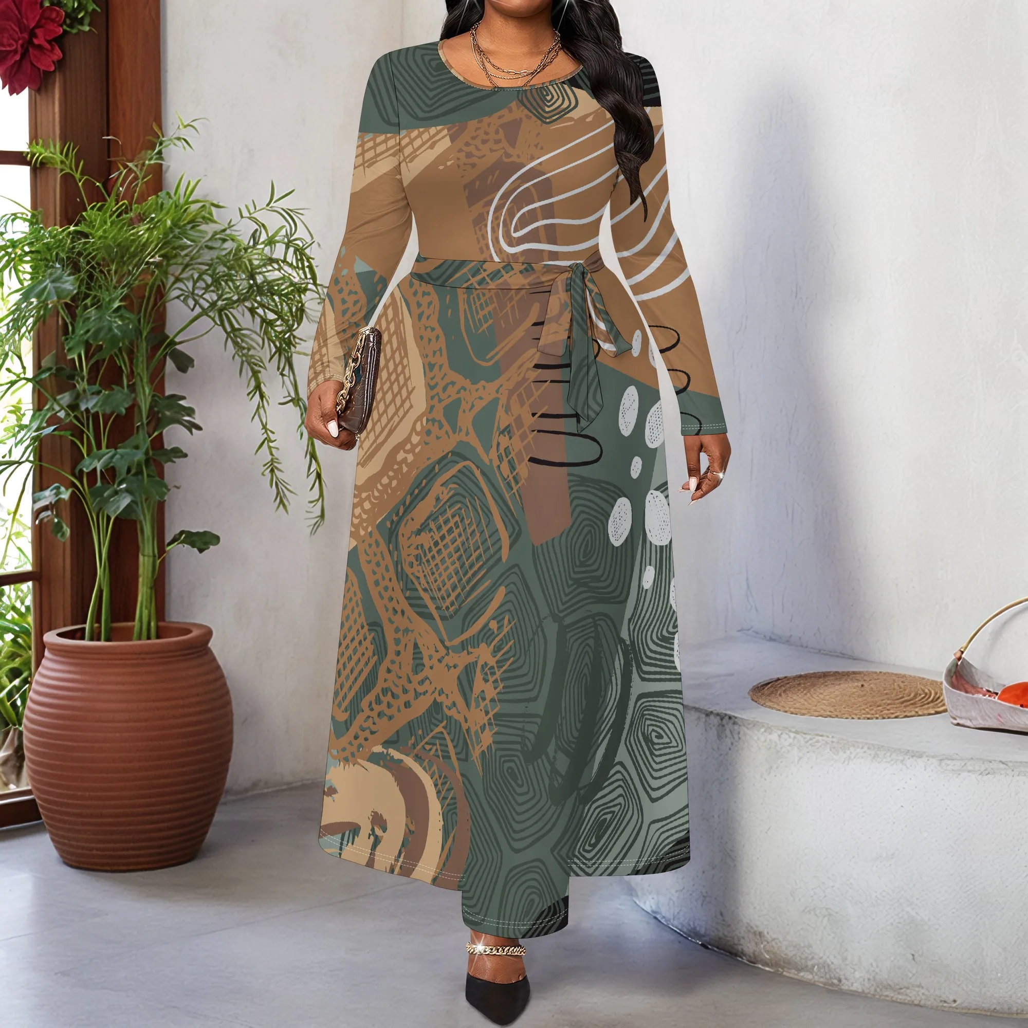 فستان نسائي بحزام بأكمام طويلة مقاس كبير، فستان جيب عصري مطبوع ثلاثي الأبعاد #2