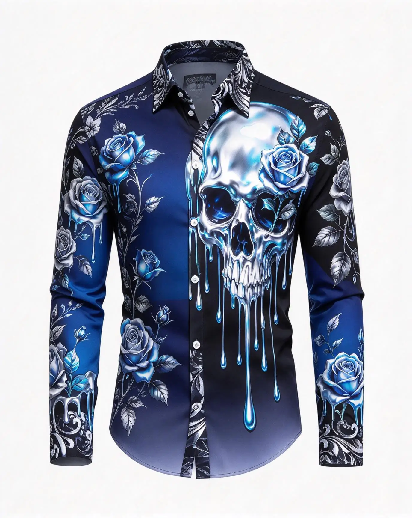 Men Golden Dripping Skull Rose Long Sleeve Shirt, Black Gradient Gothic Button Down Shirt