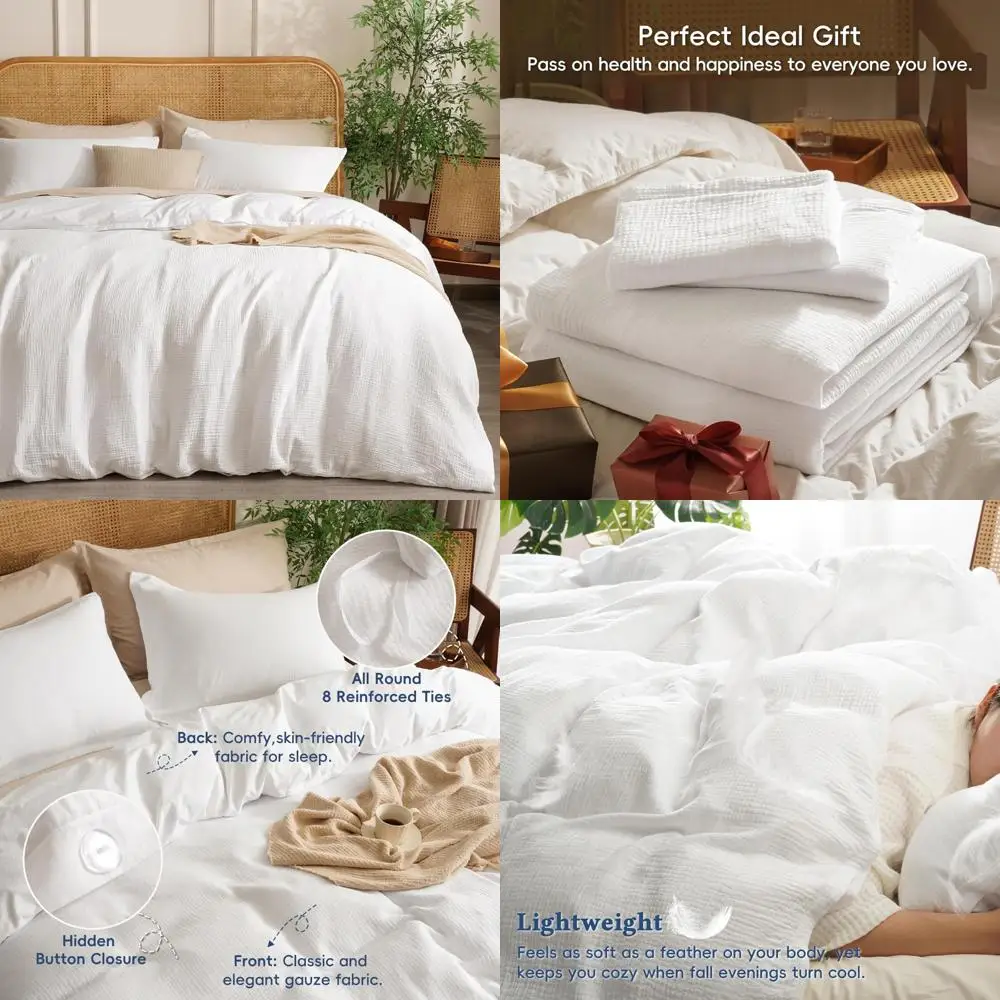 

100% Cotton King Size Muslin Duvet Cover Set - Ultra Soft Breathable Lightweight Gauze Bedding with 2 Pillowcases